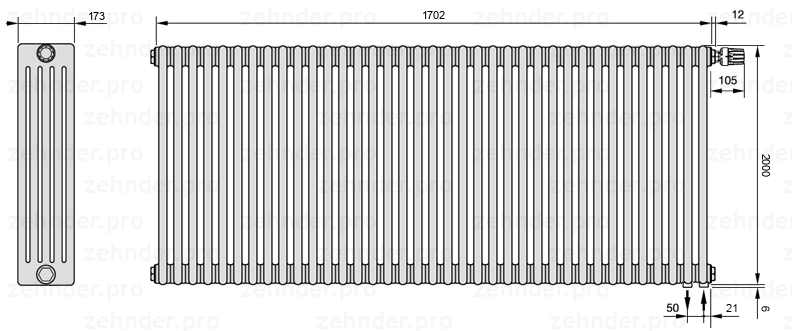 Схема (чертеж) Радиатор Zehnder Charleston 5200/37 №V002 Белый глянцевый RAL 9016